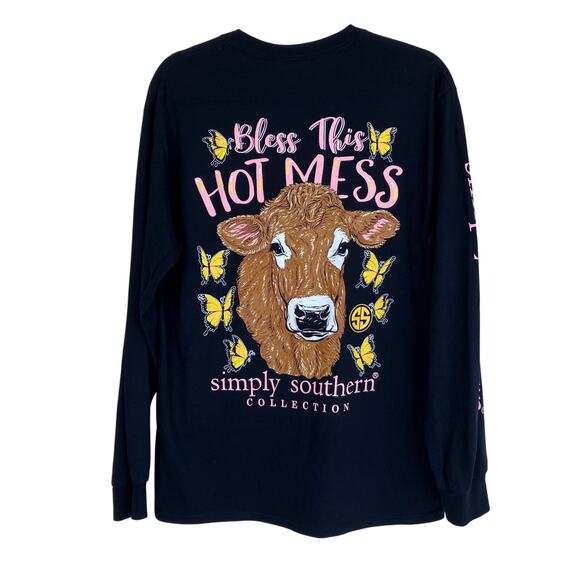 Simply Southern NWT Sz M Black Long Sleeve  Crewneck Tee Cow Bless This Hot Mess - Picture 1 of 13